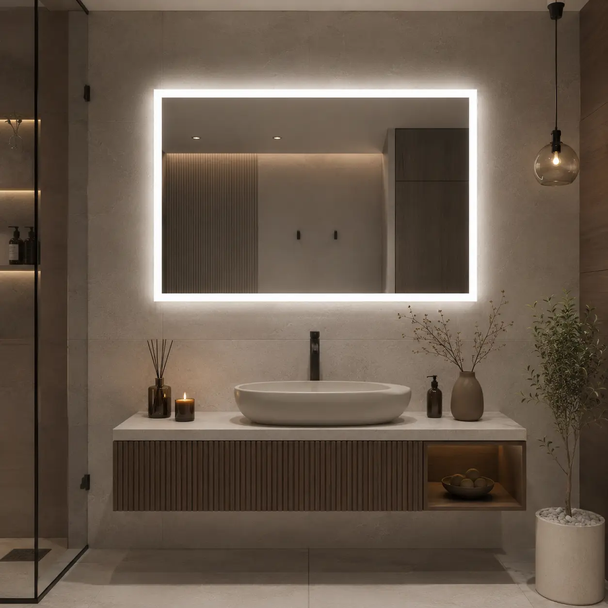 Taisnstūra spogulis ar ārējo apgaismojumu gar malu